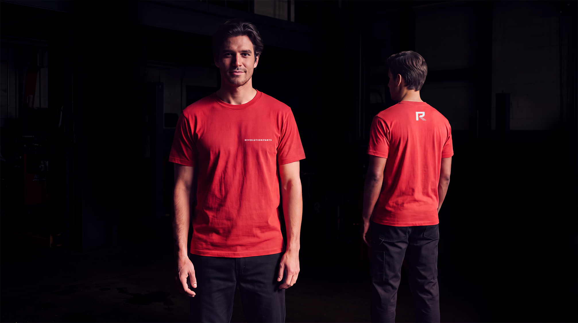 Team members wearing red RevolutionParts branded t-shirts, front and back views